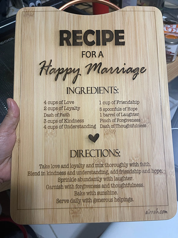 Recipe for a Happy Marriage cutting board